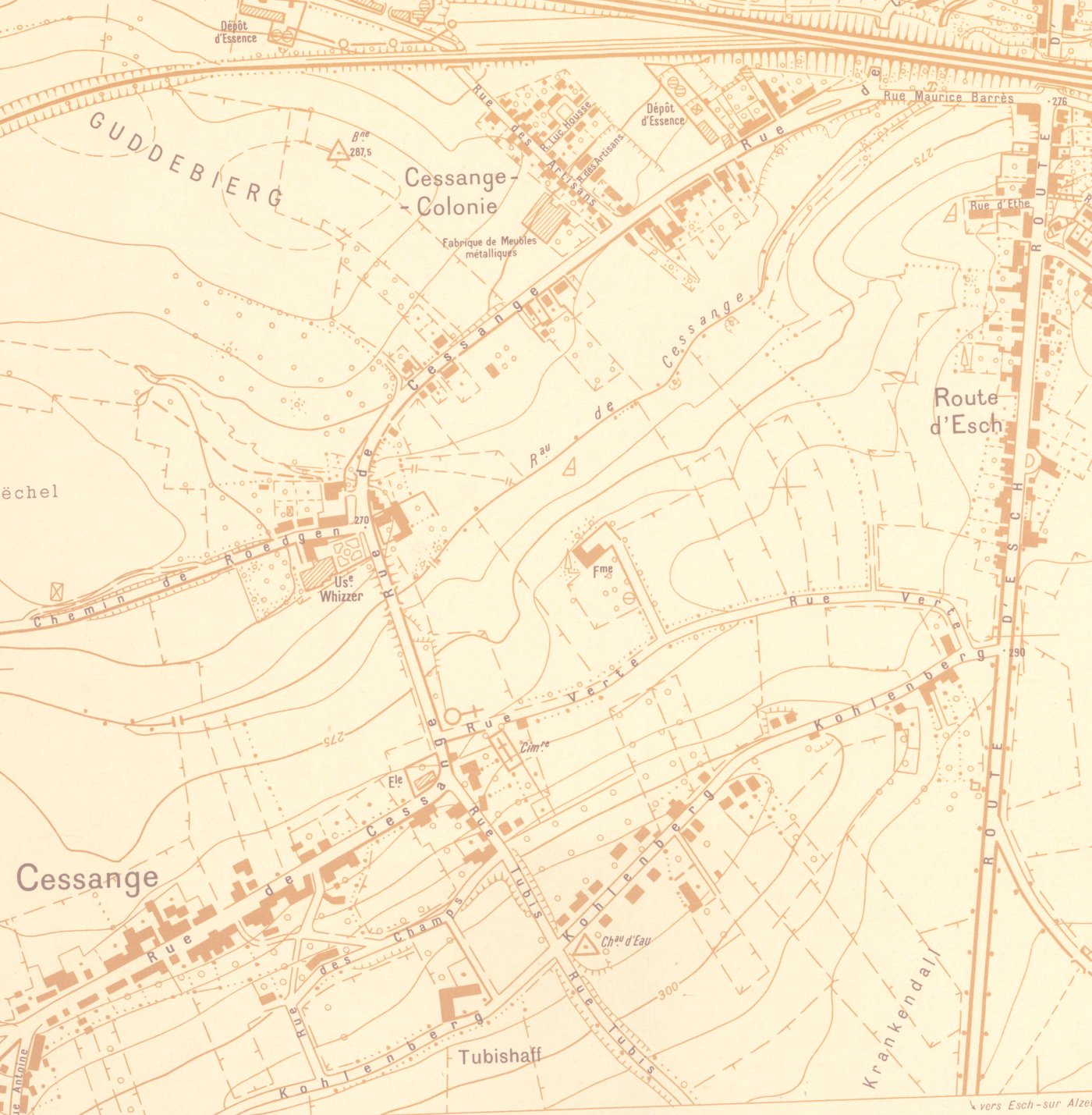 Cessange en 1954 avec la fabrique de vélomoteurs Whizzer, extrait du plan de la Ville de Luxembourg de 1954