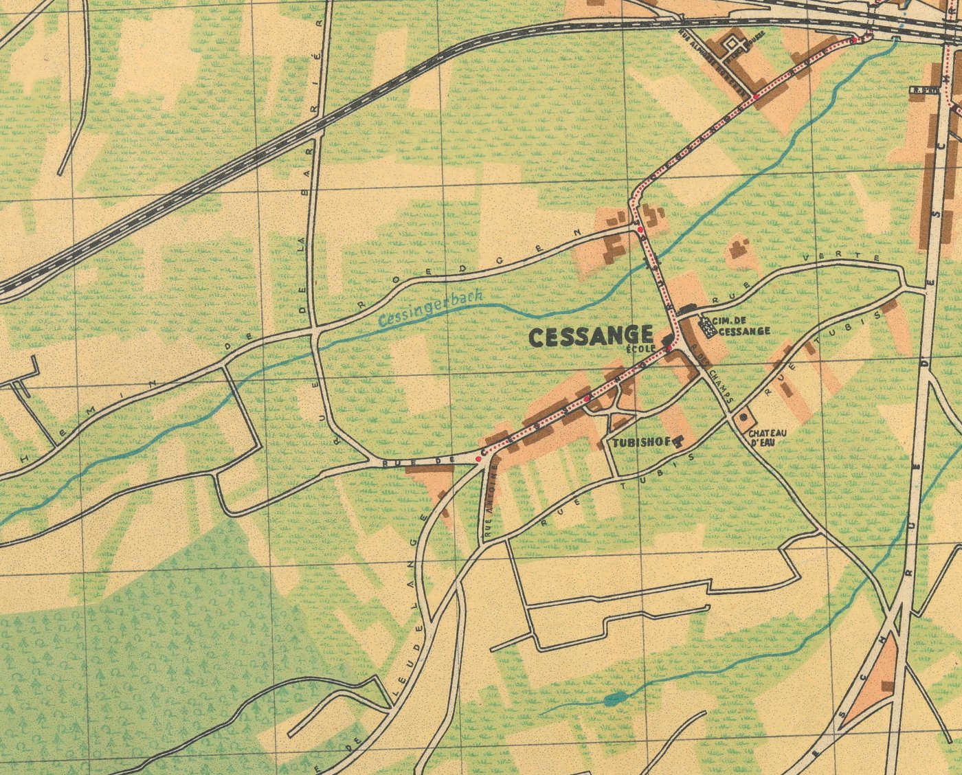 Le village de Cessange en 1936, extrait du plan de la Ville de Luxembourg de 1936