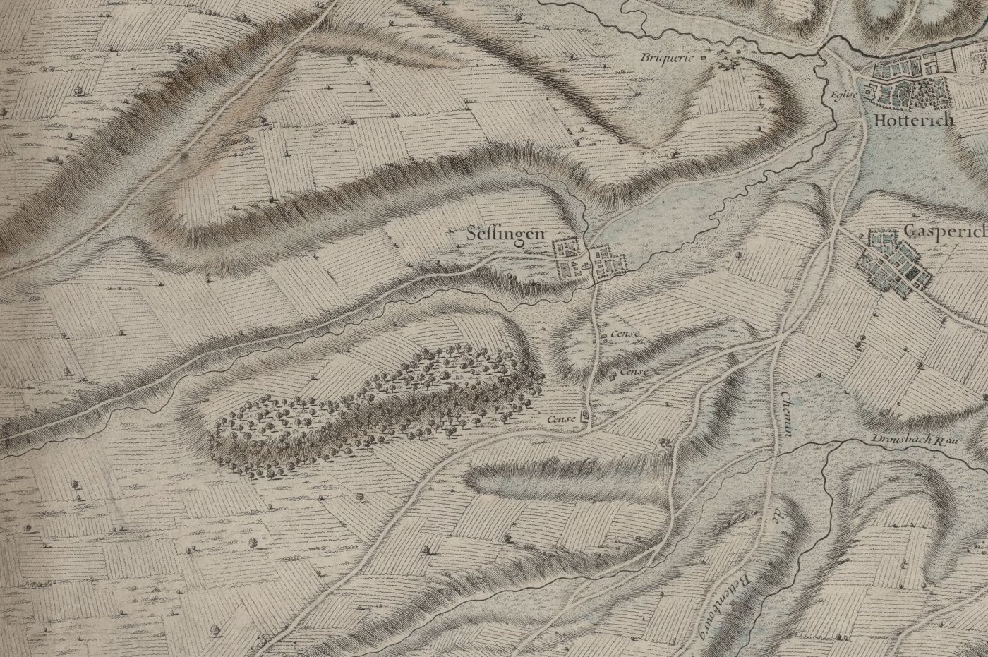 Le village de Cessange dans la première moitié du XVIIIe siècle, extrait du plan de Luxembourg et de ses environs de Bernard Jaillot de 1735