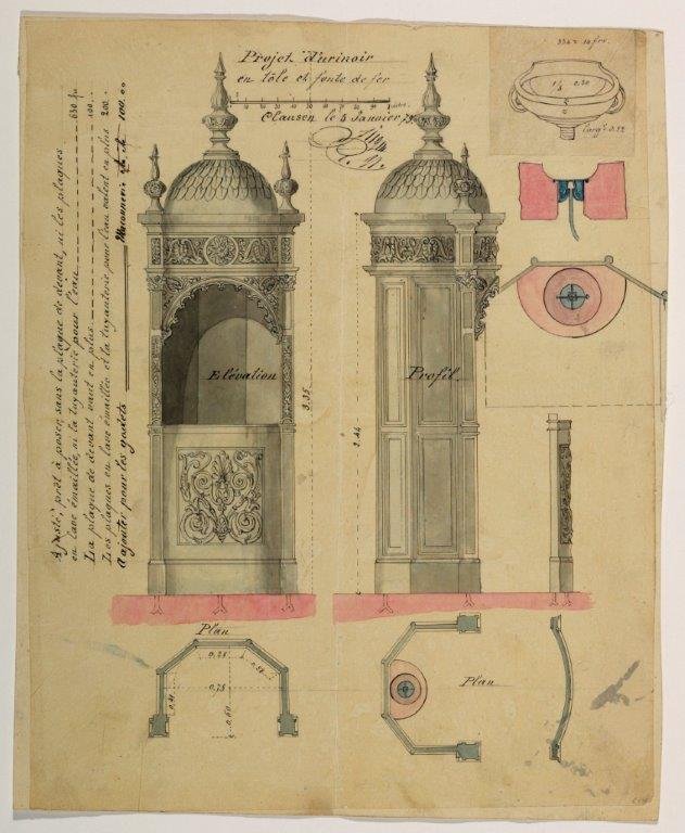 Illustration d'un plan d'un projet d'urinoir de 1879