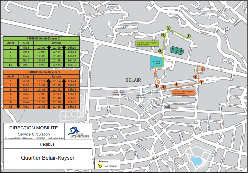 Plan des lignes de Pedibus à Belair (Kayser)