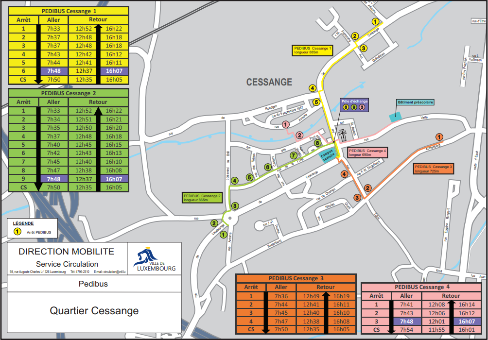 Plan des lignes de Pedibus à Cessange