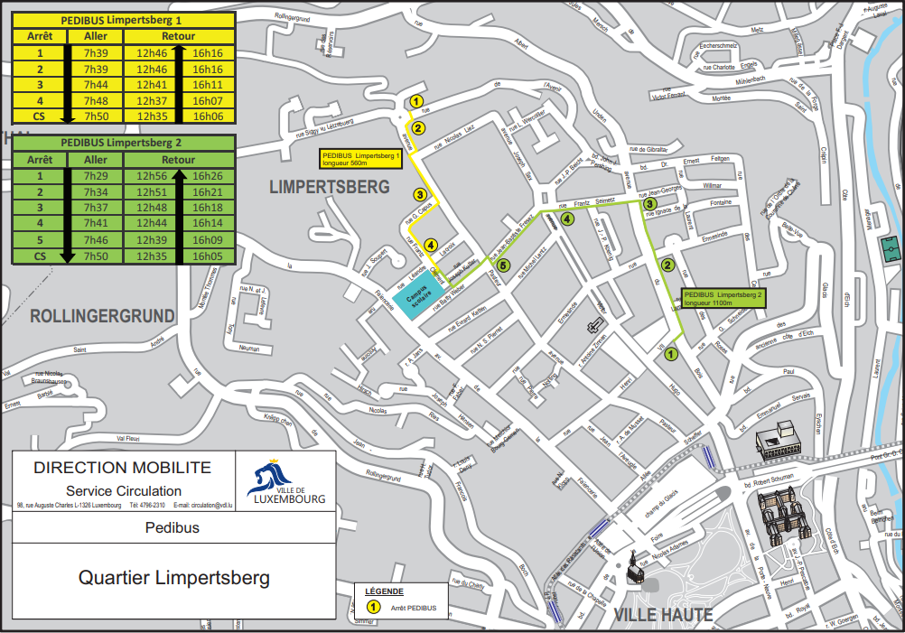 Plan des 2 lignes de Pedibus à Limpertsberg