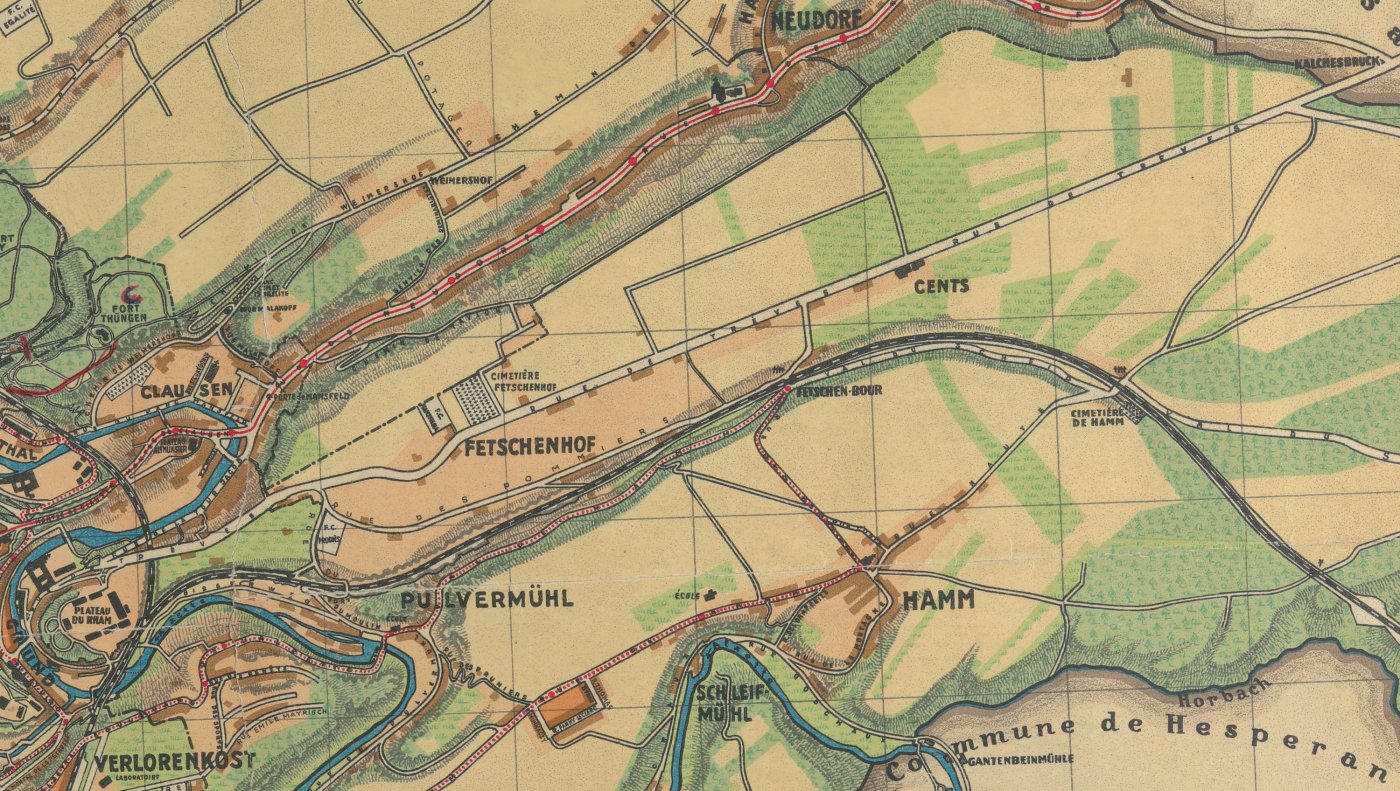 Fetschenhof et Cents en 1936, extrait du plan de la Ville de Luxembourg de 1936