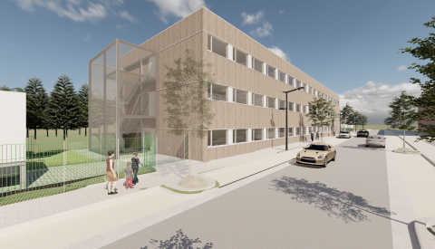 Vue sur le bâtiment scolaire temporaire depuis la rue Nicolas Hein